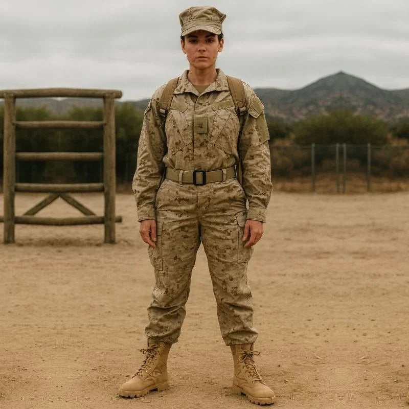 Femme en tenue militaire beige portant des rangers assorties sur terrain d’entraînement