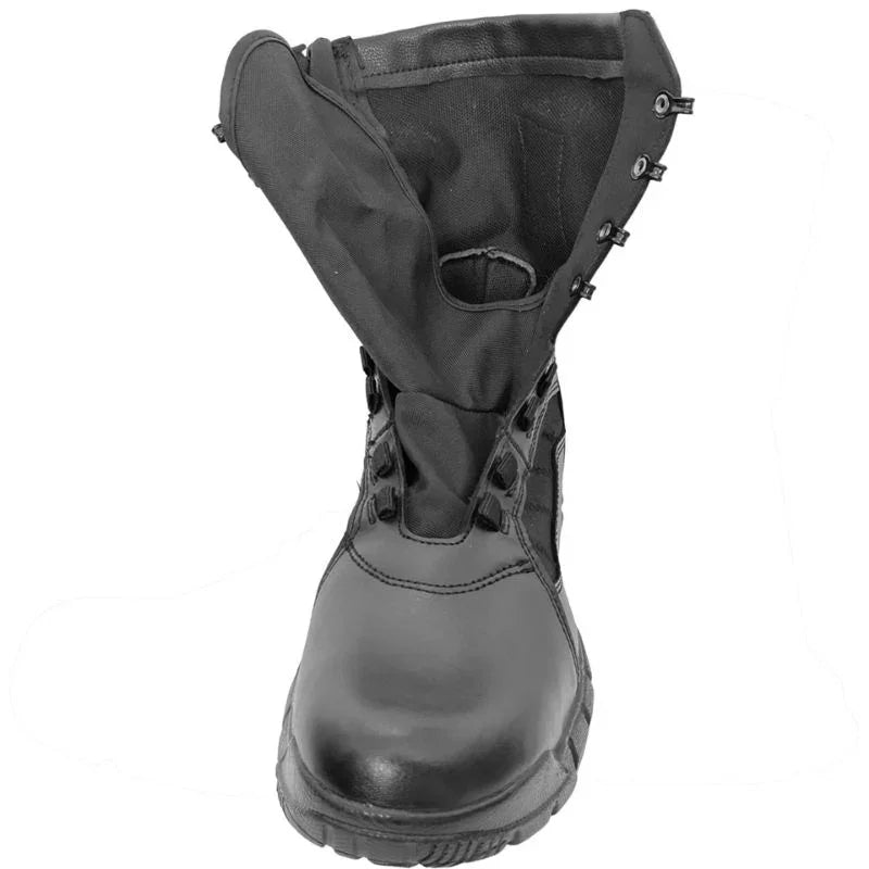 Chaussure rangers cuir homme noire vue de face, ouverture large illustrant le système de laçage et le confort intérieur