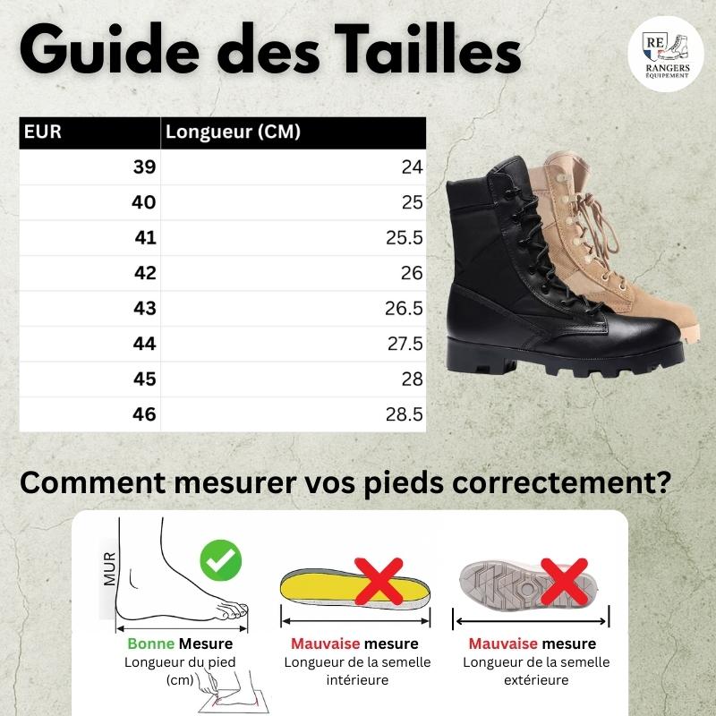 Guide des tailles pour la chaussure rangers femme ShadowStep, avec tableau de correspondance tailles EU et longueurs en centimètres, aperçu visuel du modèle et schéma explicatif pour bien mesurer la longueur du pied