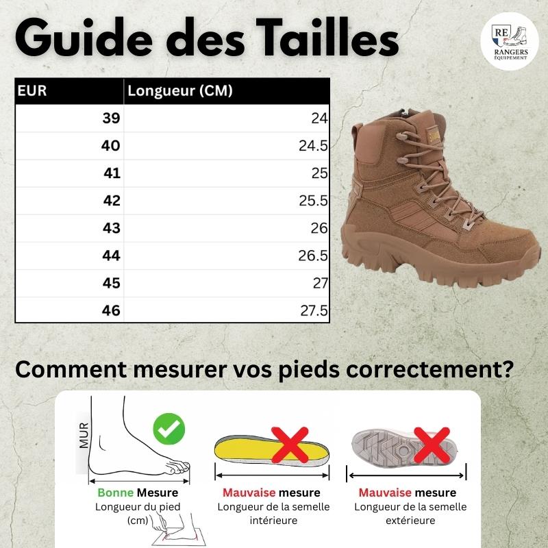Guide des tailles pour les chaussures de combat tactiques DesertForce B23, avec tableau des tailles EU et longueurs en centimètres, visuel du modèle et schéma détaillé pour apprendre à mesurer son pied correctement