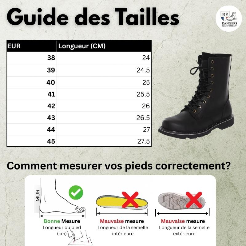 Guide des tailles pour chaussures rangers de l’armée américaine, avec tableau de conversion des tailles européennes en centimètres, visuel du modèle militaire et schéma expliquant comment bien mesurer la longueur du pied