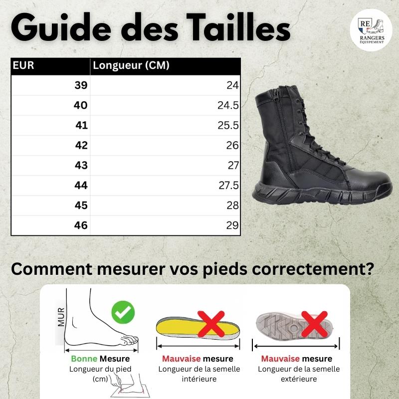 Guide des tailles pour les chaussures rangers en cuir pour homme HardLeather 21, avec tableau de conversion des tailles européennes en centimètres, aperçu du modèle et schéma illustrant la méthode de mesure du pied