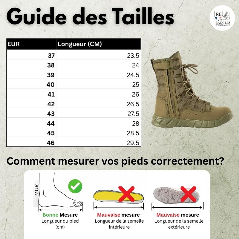 Guide des tailles pour chaussures rangers militaire commando vert, avec tableau de correspondance des tailles EU en centimètres, aperçu du modèle et schéma détaillant la méthode pour bien mesurer son pied