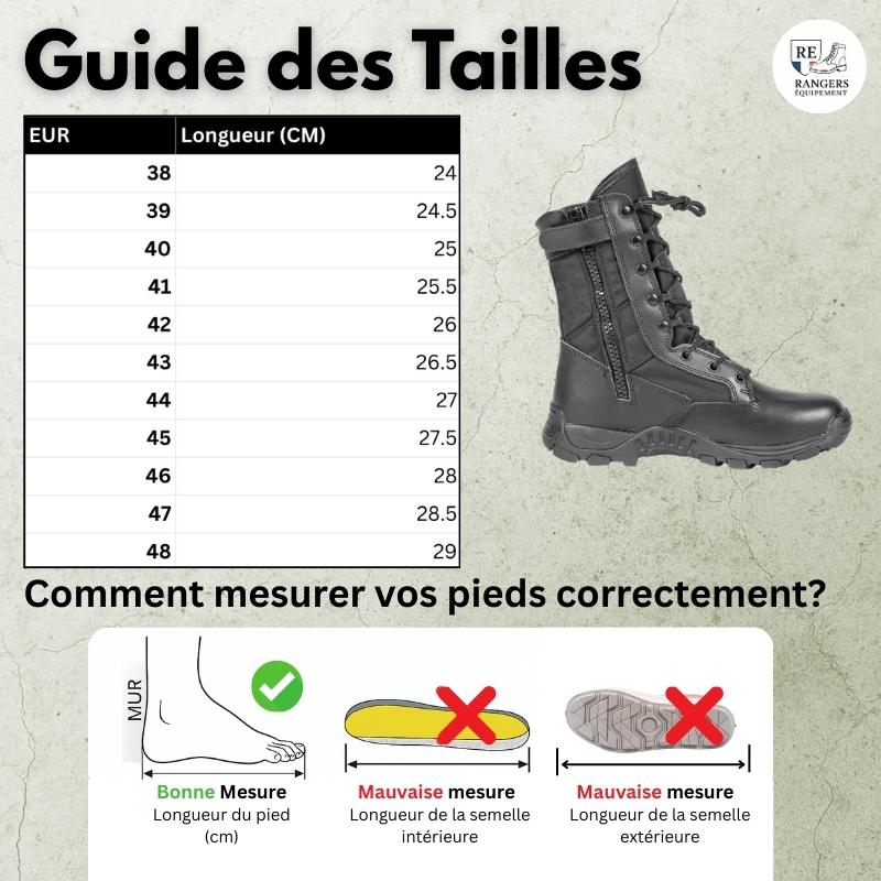 Guide des tailles pour chaussures rangers Sentinel Corp coloris noir, avec tableau des pointures européennes converties en centimètres, visuel du modèle et schéma expliquant comment mesurer son pied avec précision