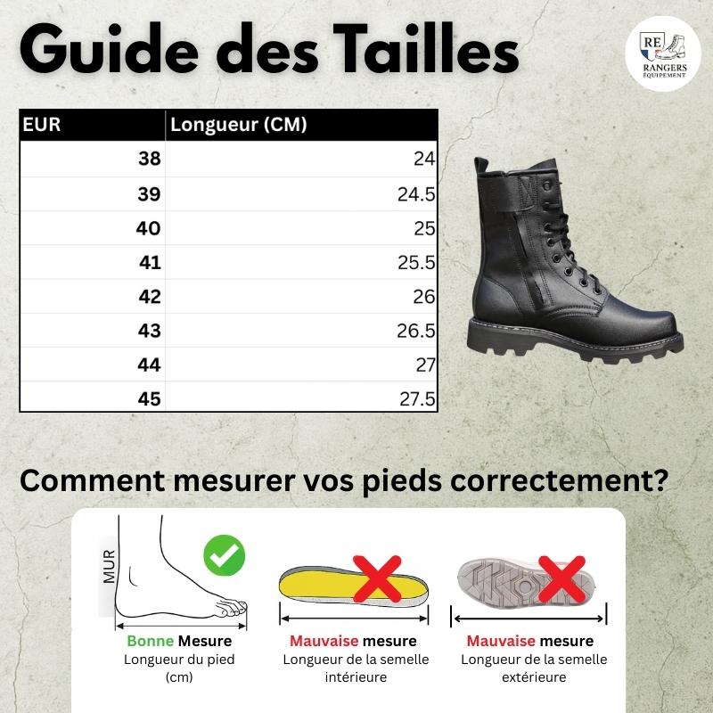 Guide des tailles pour rangers et chaussures de combat Ironclad V8, avec tableau des pointures EU et longueurs en centimètres, visuel du modèle et schéma illustrant comment bien mesurer la longueur du pied