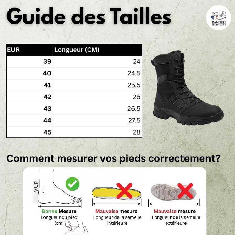 Guide des tailles des rangers militaires tactiques DesertGear T1 pour homme, avec tableau des pointures EU et longueurs en cm, aperçu du modèle et schéma pour mesurer correctement son pied