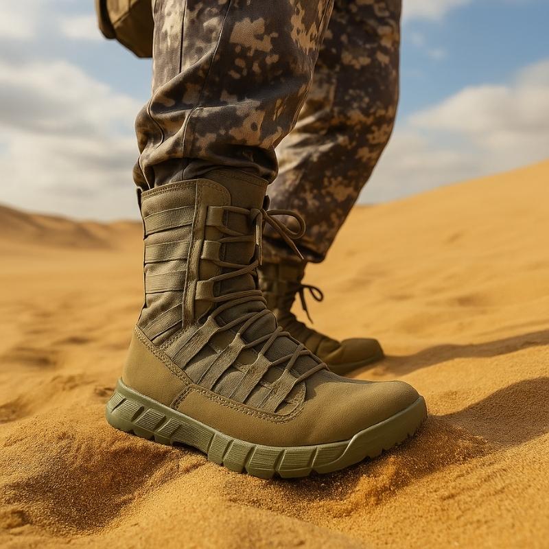 Homme en tenue militaire mettant en avant une paire de rangers commando vertes dans un désert sableux, illustrant leur résistance aux environnements arides