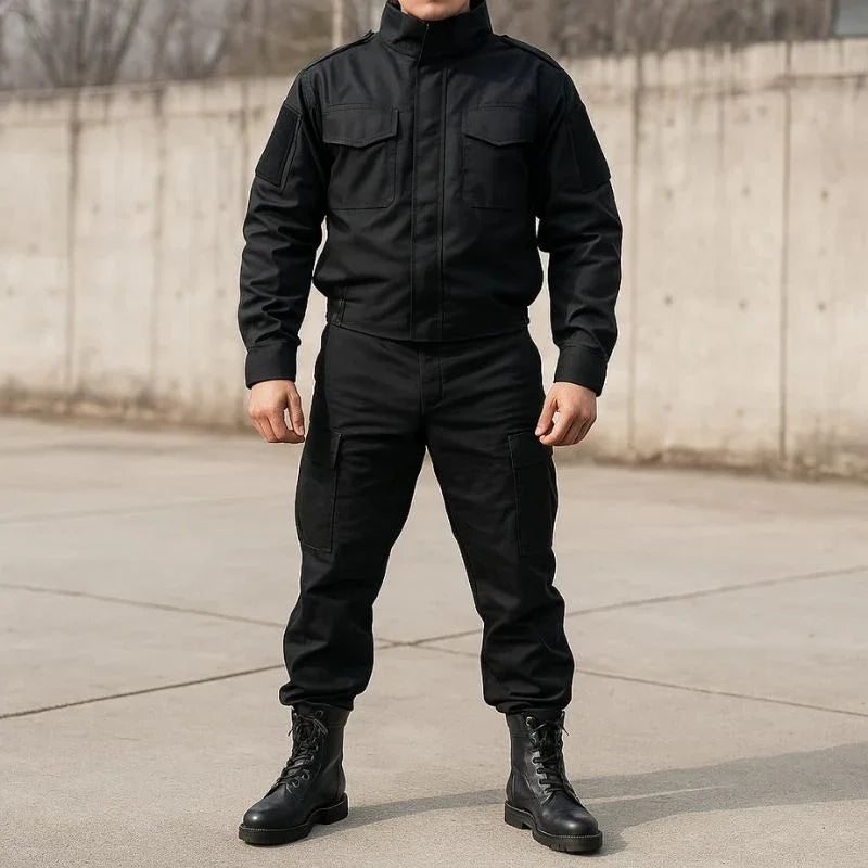 Homme habillé tout en noir portant des rangers chaussures de combat sur un sol en béton, illustrant leur usage en milieu urbain tactique