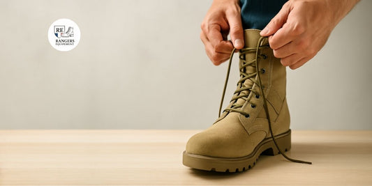 Personne en train de lacer une chaussure rangers beige sur fond neutre.