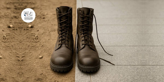 Chaussures rangers sur sol en terre et sol en béton, illustrant un usage quotidien.