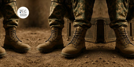 Militaires portant des rangers sur terrain sableux.