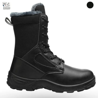 Vue latérale d’une botte rangers homme noire avec renforts et doublure chaude, conçue pour un usage intensif en milieu froid