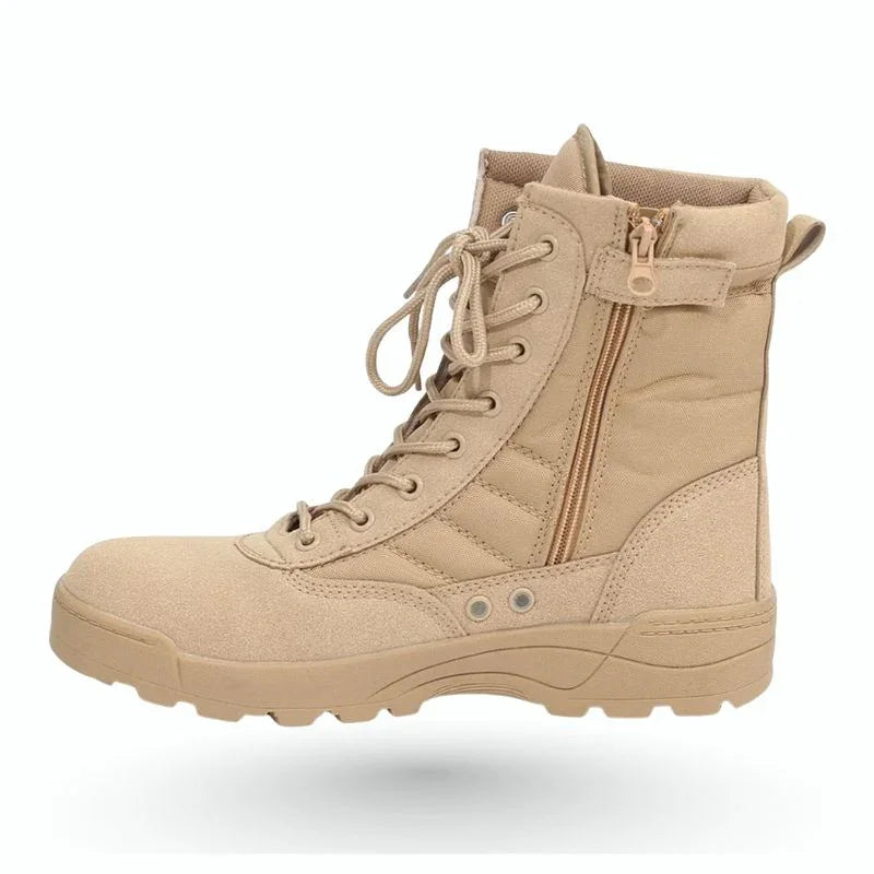Bottes style rangers femme couleur beige avec fermeture éclair latérale et laçage renforcé pour un maintien optimal