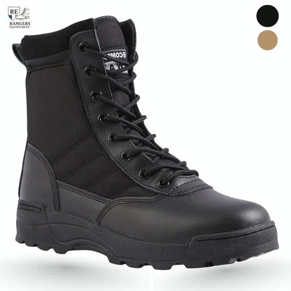 Bottes style rangers femme en cuir noir avec tige montante, laçage renforcé et semelle épaisse, parfaites pour un look militaire urbain