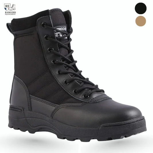 Bottes style rangers femme en cuir noir avec tige montante, laçage renforcé et semelle épaisse, parfaites pour un look militaire urbain