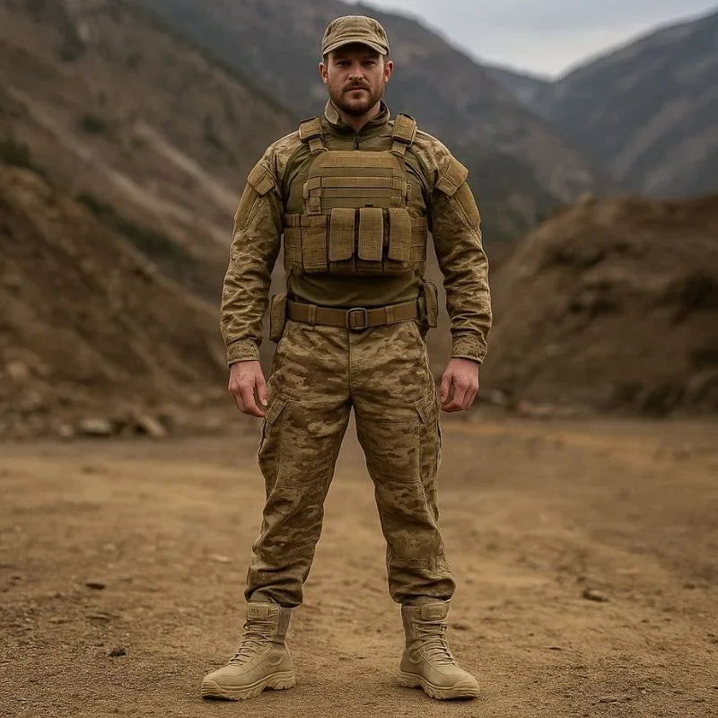 Soldat portant des chaussures militaires rangers beige de nouvelle génération en zone désertique