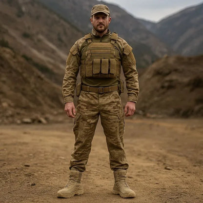 Soldat portant des chaussures militaires rangers beige de nouvelle génération en zone désertique