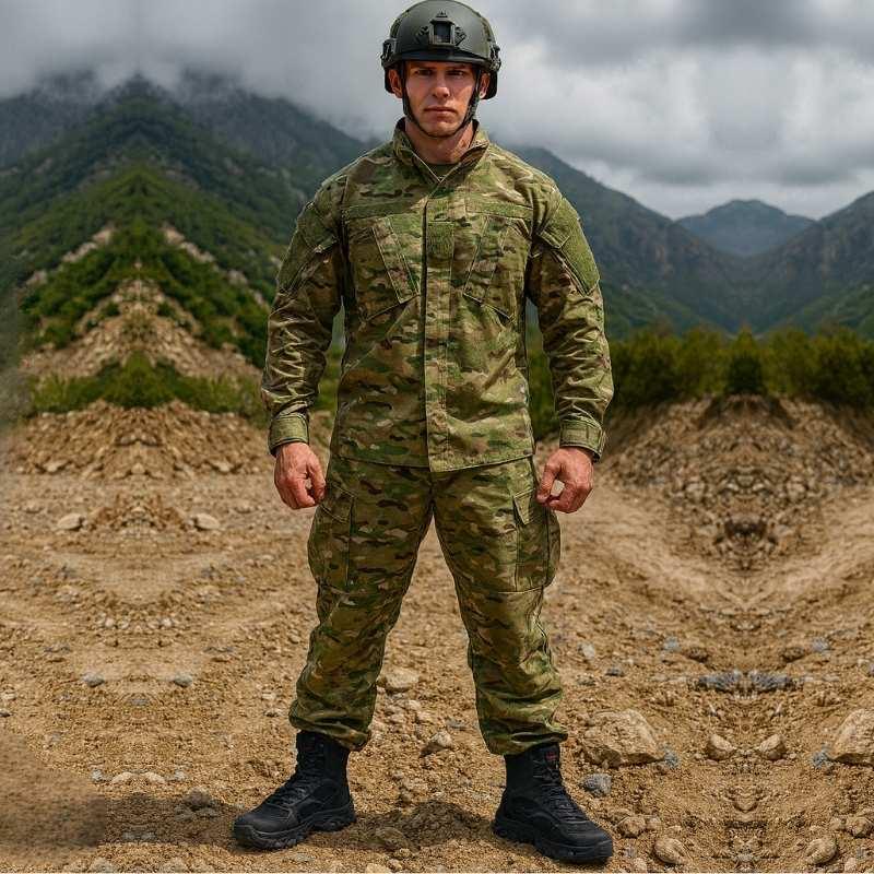 Soldat portant des chaussures militaires rangers noires de nouvelle génération en terrain montagneux
