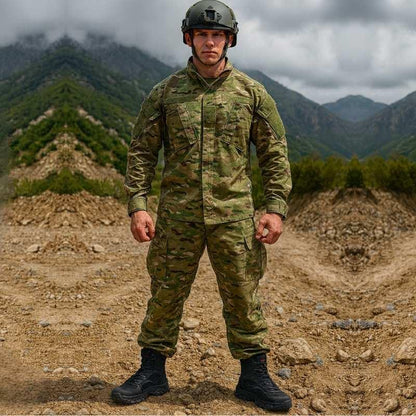 Soldat portant des chaussures militaires rangers noires de nouvelle génération en terrain montagneux