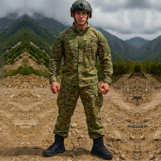 Soldat portant des chaussures militaires rangers noires de nouvelle génération en terrain montagneux