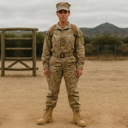 Femme en tenue militaire beige portant des rangers assorties sur terrain d’entraînement