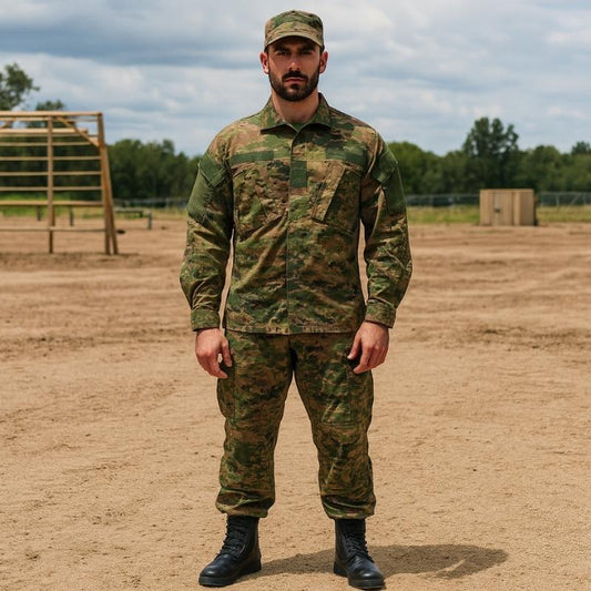 Chaussures rangers noires pour homme portées avec une tenue militaire camouflage sur terrain d’entraînement