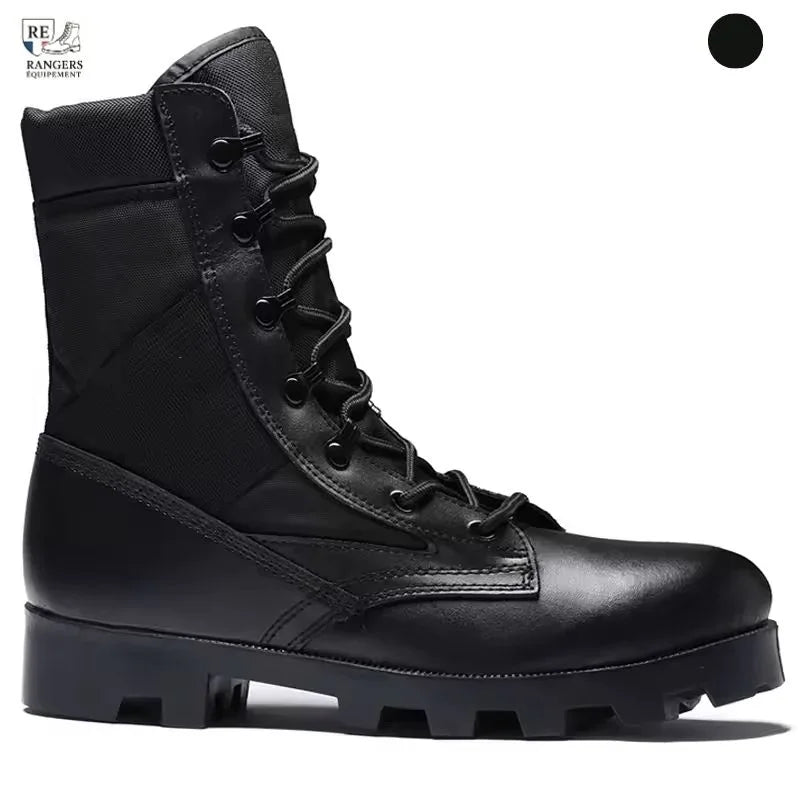 Chaussure rangers homme en cuir noir, vue latérale, semelle crantée robuste et tige haute renforcée