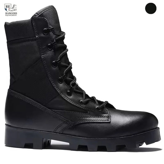 Chaussure rangers homme en cuir noir, vue latérale, semelle crantée robuste et tige haute renforcée