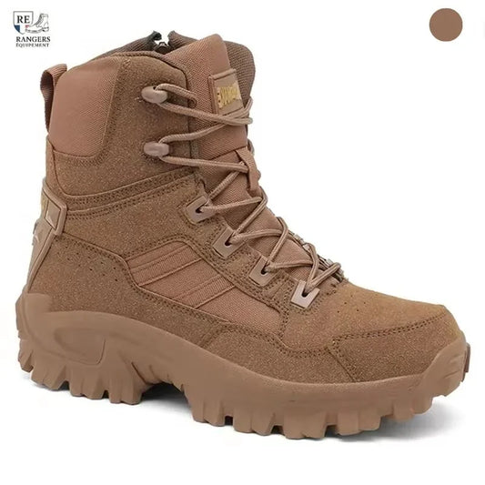 Chaussures de combat tactiques renforcées de couleur beige pour homme, modèle montante avec semelle crantée antidérapante