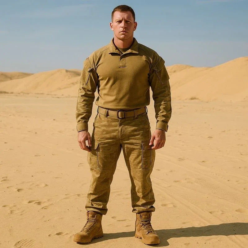 Homme en uniforme militaire dans le désert portant des chaussures de combat tactiques montantes de couleur beige