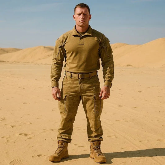 Homme en uniforme militaire dans le désert portant des chaussures de combat tactiques montantes de couleur beige