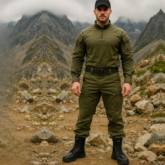 Homme en tenue militaire portant des chaussures d'intervention noires en montagne sur terrain rocheux