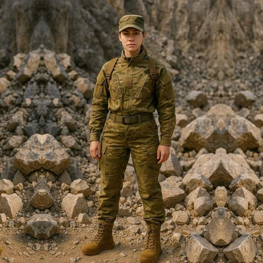 Femme en uniforme militaire avec chaussures rangers couleur camel en cuir sur terrain rocheux