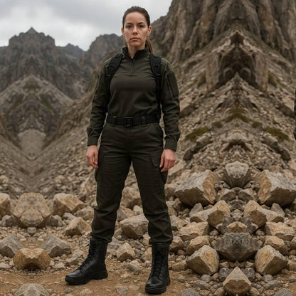 Femme en tenue tactique noire portant des chaussures rangers en cuir dans un décor montagneux