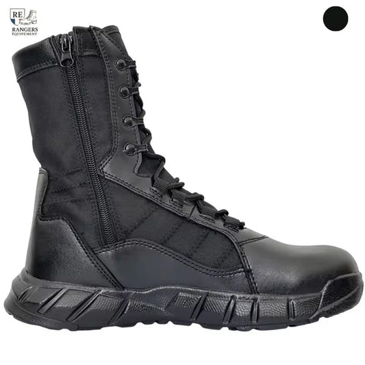 Chaussures rangers cuir homme noires avec fermeture éclair latérale, vue de profil illustrant la robustesse et le confort militaire
