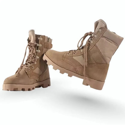 Chaussures rangers beiges pour femme, présentées en vue produit avec semelles épaisses et tige montante