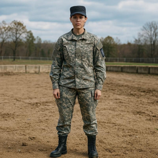 Chaussures rangers noires portées par une femme en uniforme militaire, debout sur un terrain d’entraînement