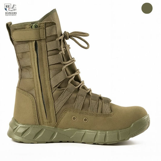 Vue latérale de chaussures rangers militaire commando vertes avec tige montante, laçage renforcé et semelle adaptée aux environnements tactiques en extérieur