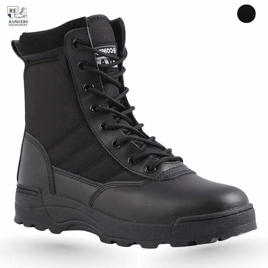 Chaussures rangers militaires noires pour homme, en cuir renforcé avec semelle épaisse antidérapante, conçues pour les opérations tactiques, la randonnée ou la sécurité
