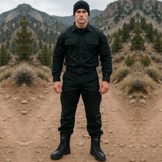 Homme en tenue tactique noire portant des chaussures rangers militaires en cuir noir, idéal pour missions extérieures, randonnées ou forces de l’ordre