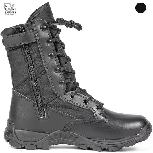 Vue latérale des chaussures rangers Sentinel noires avec tige montante, laçage robuste et semelle crantée conçue pour les missions tactiques exigeantes