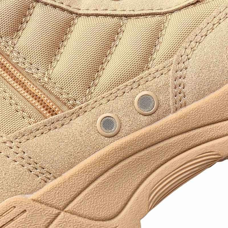 Gros plan sur les œillets d’aération des bottes style rangers femme, assurant une meilleure respirabilité pendant l’effort