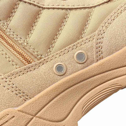 Gros plan sur les œillets d’aération des bottes style rangers femme, assurant une meilleure respirabilité pendant l’effort