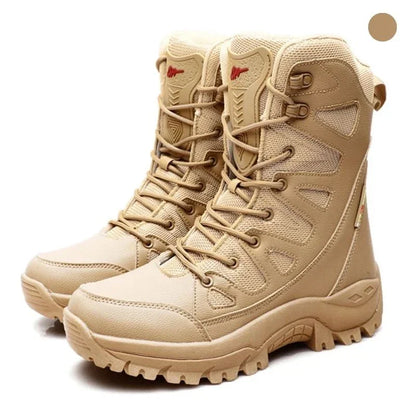 Deux paires de rangers militaires pour femme en marron clair, présentées de profil avec semelle crantée et tige montante, idéales pour un usage tactique ou outdoor