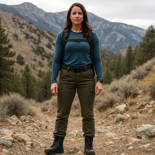 Femme en randonnée en pleine nature portant un pantalon cargo vert et des chaussures rangers noires montantes, adaptées aux terrains accidentés