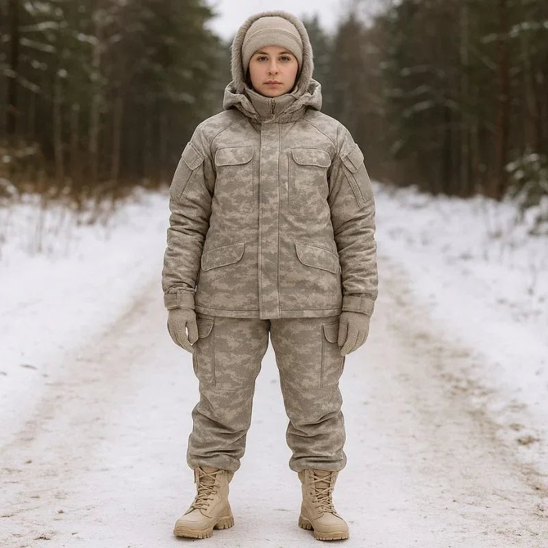 Femme équipée de rangers militaires beige marchant en montagne enneigée, illustrant leur résistance au froid et leur confort en milieu hivernal