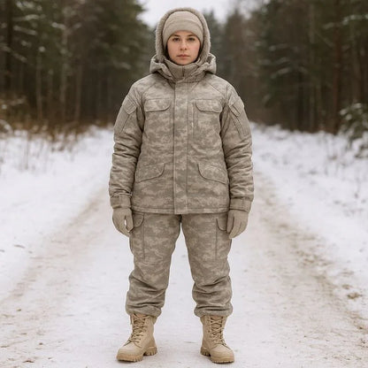 Femme équipée de rangers militaires beige marchant en montagne enneigée, illustrant leur résistance au froid et leur confort en milieu hivernal