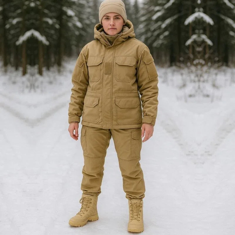 Femme équipée de rangers militaires camel marchant en montagne enneigée, illustrant leur résistance au froid et leur confort en milieu naturel