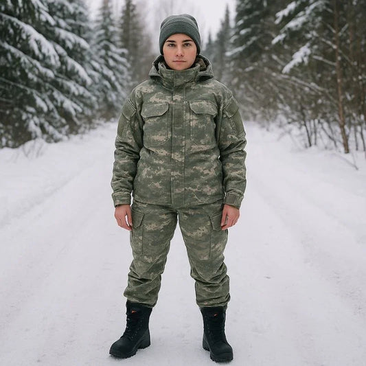 Femme en tenue hivernale en montagne enneigée, portant des rangers militaires robustes conçues pour affronter le froid et les terrains difficiles