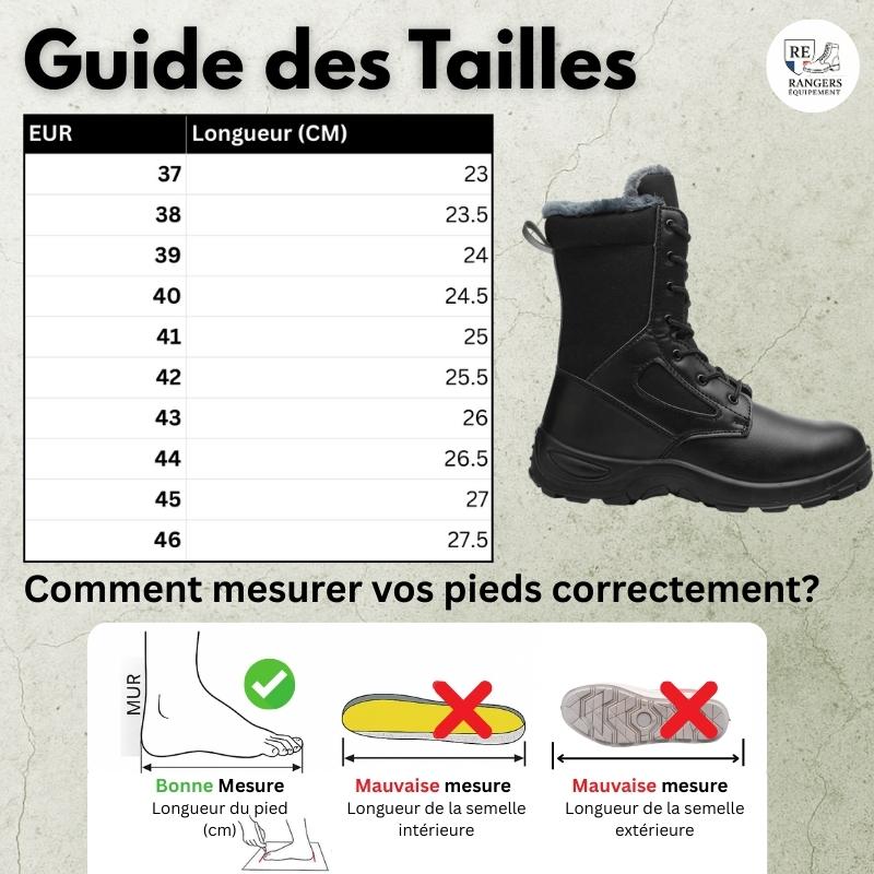 Guide des tailles pour bottes rangers homme ArcticForce 888, avec tableau des pointures EU converties en centimètres, visuel du modèle et schéma montrant comment mesurer correctement la longueur du pied
